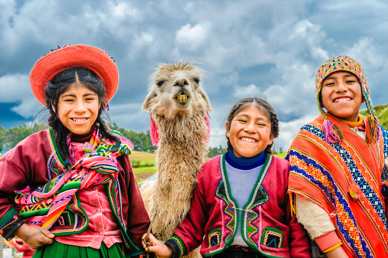 Smiling indigenous girls in traditional outfits with an alpaca.