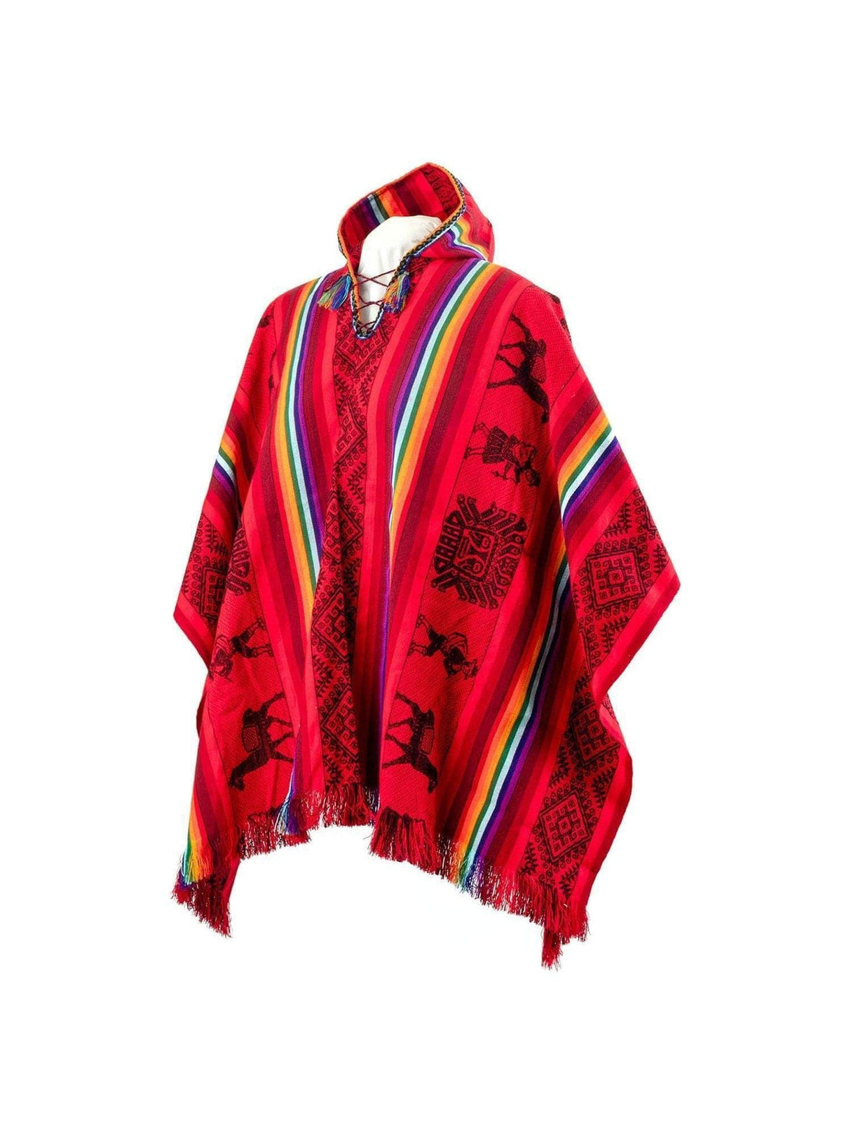 Alpaca Blend Ponchos Hooded Peruvian Poncho - Rojo
