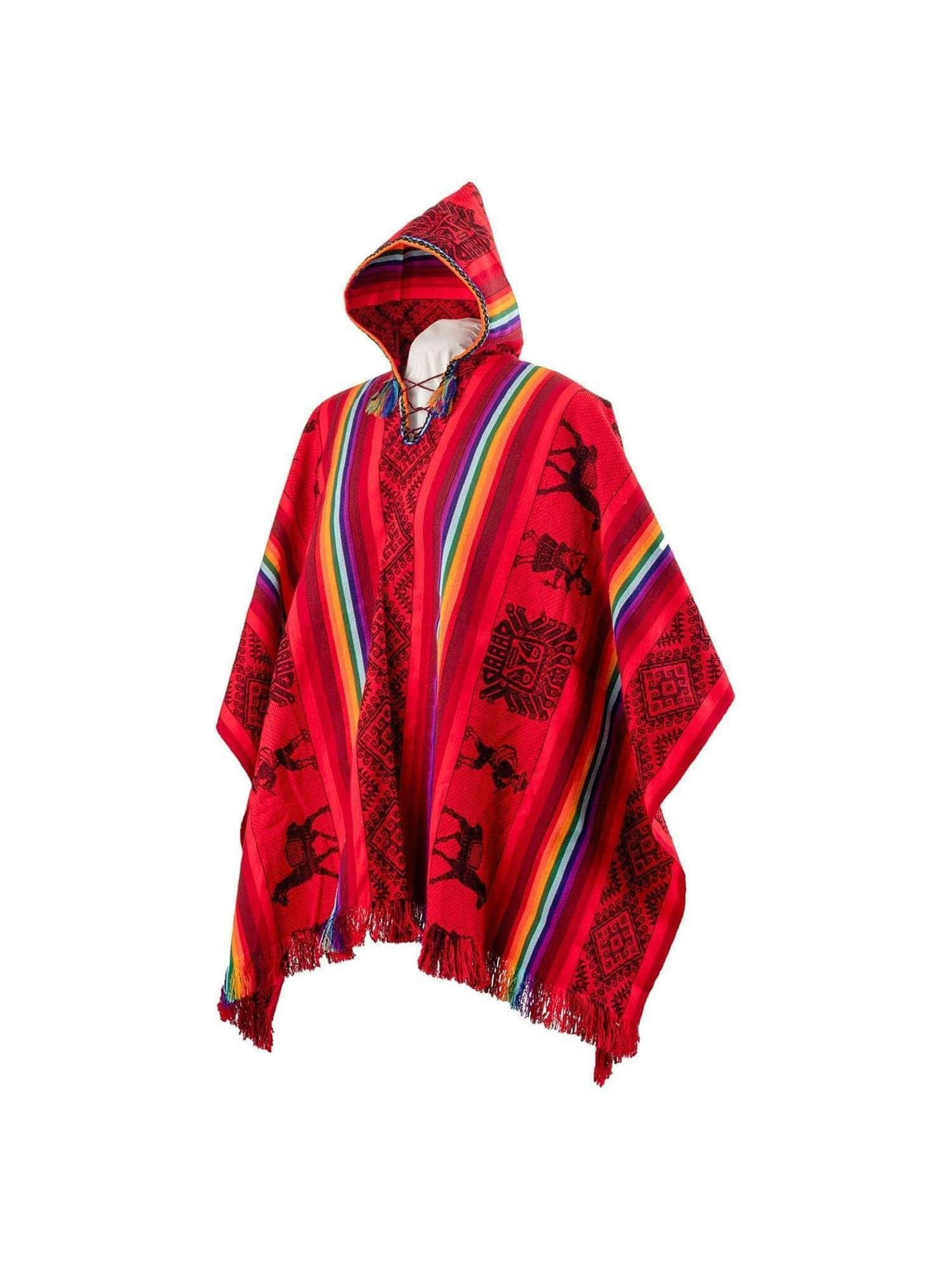 Alpaca Blend Ponchos Hooded Peruvian Poncho - Rojo