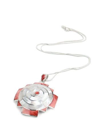 Peruvian Chakana Spiral Shell Inlay Pendant Necklace - Sterling Silver