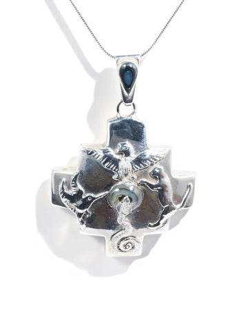 Peruvian Chakana Four Directions Totem & Abalone Pendant Necklace - Sterling Silver