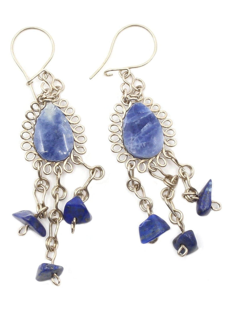 Alpaca Silver Wire Pierced Earrings Lapis Lazuli Teardrop and Stones