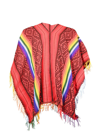Peruvian Traditional Wool Blend Poncho - Red/Black/Rainbow