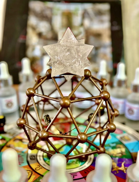 The copper orb crowned with a quartz star on the Nakshatra Wheel among the essences
