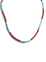 Coral and Sky Blue Glass Bead Necklace with Black Accents 1 | j0590