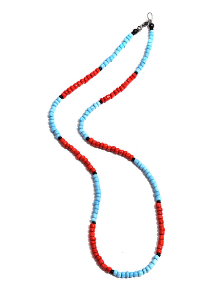 Coral and Sky Blue Glass Bead Necklace with Black Accents 2 | j0590