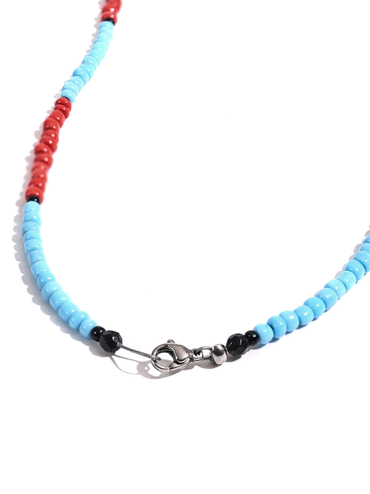 Coral and Sky Blue Glass Bead Necklace with Black Accents 3 | j0590