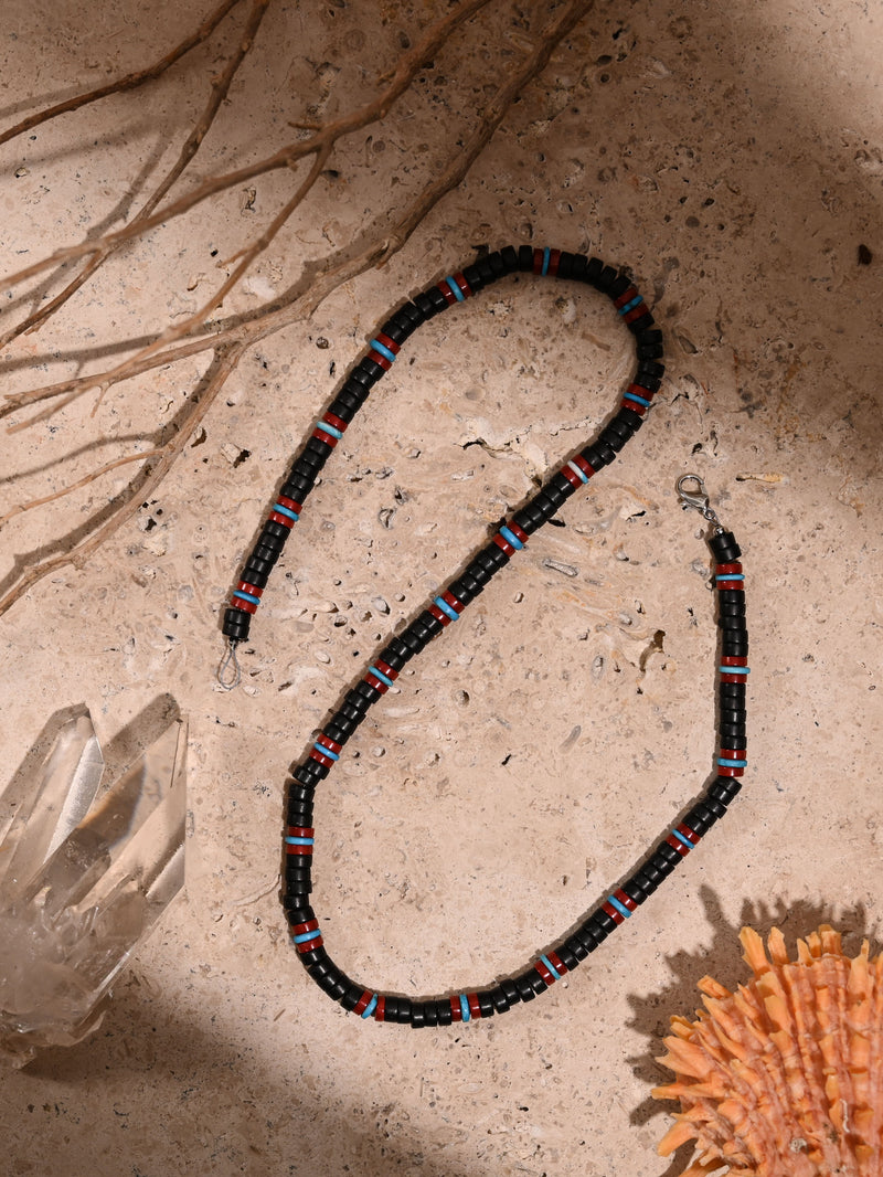 Heishi Collection: Artisan Onyx, Coral, and Turquoise Necklace