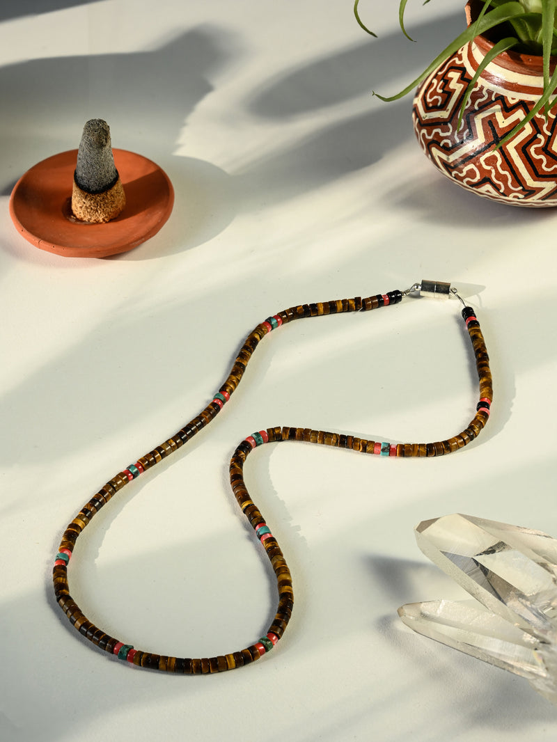 Heishi Collection: Artisan Tiger's Eye, Coral, and Turquoise Necklace