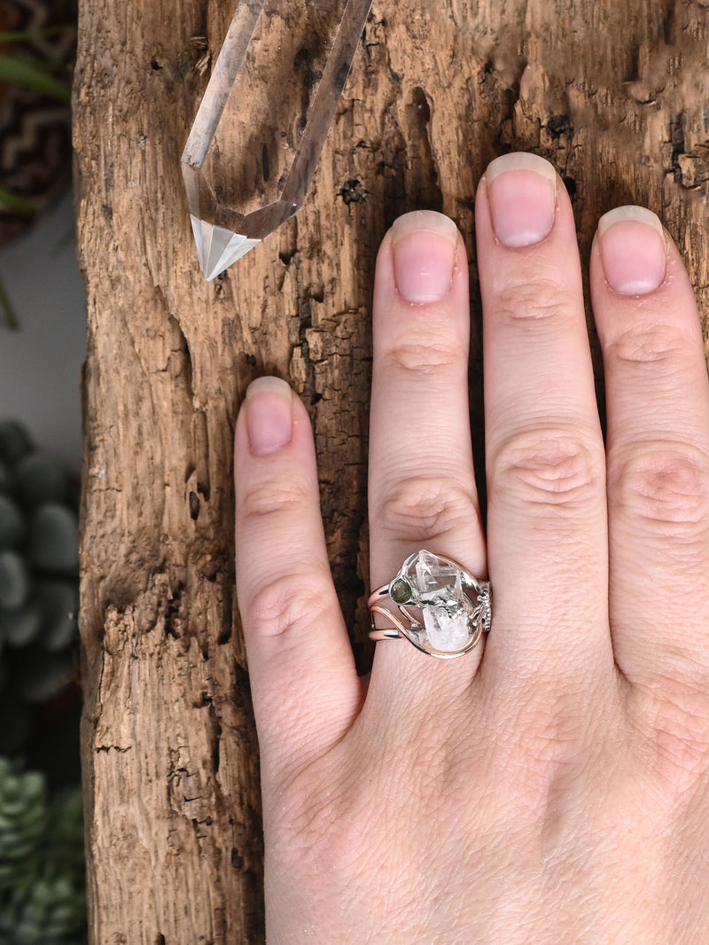 Danburite and Moldavite Ring