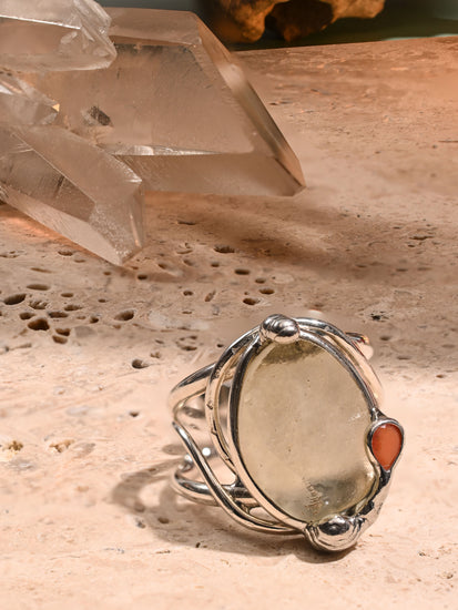 Libyan Desert Glass & Coral Ring | js135