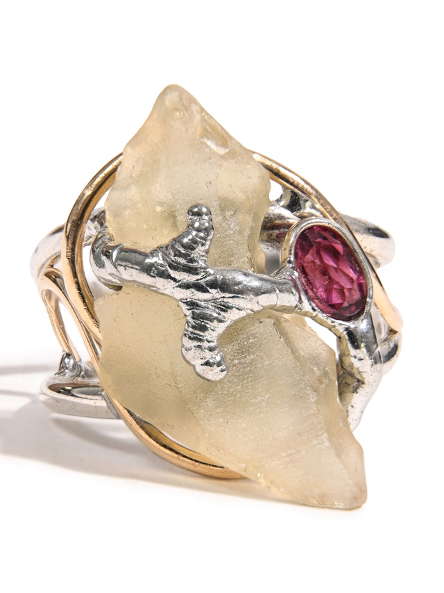 Libyan Desert Glass with Tourmaline Cabochon Ring 1 | js138