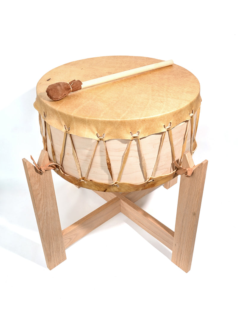 Ceremonial Native American Style Buffalo Hide Double-Sided Drum with Stand