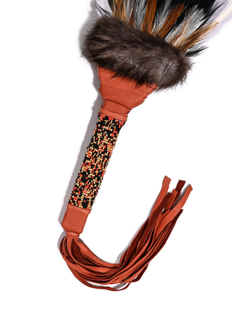 Sacred Prayer Feather Fan with Beaded Handle - Brown Red Tipped Feathers 1 | si0572-Brown