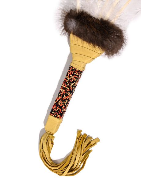 Sacred Prayer Feather Fan with Beaded Handle - Gold Red Tipped Feathers 1 | si0572-Gld-Red-Tipped