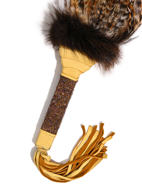 Sacred Prayer Feather Fan with Beaded Handle - Gold - Red Tipped Feathers 1 | si0572-Gld-Red-Tipped