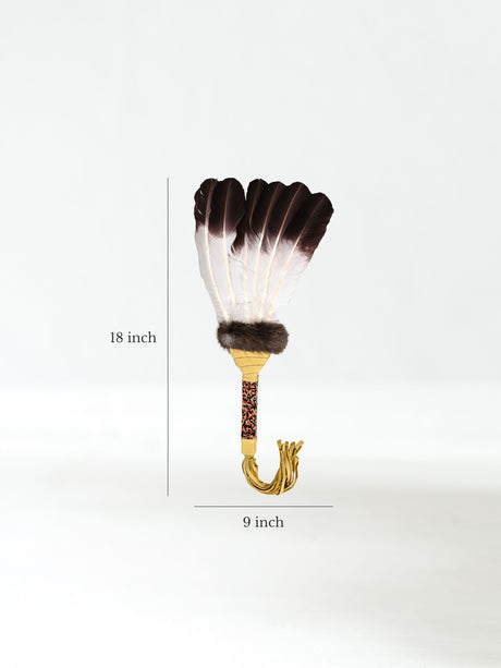 Sacred Prayer Feather Fan with Beaded Handle - Gold Red Tipped Feathers Dimension | si0572-Gld-Red-Tipped