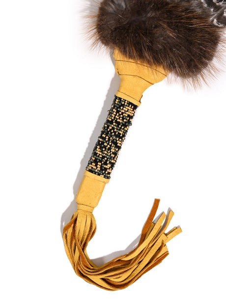 Sacred Prayer Feather Fan with Beaded Handle - Gold - Barred Feathers 1 | si0572-Gold-Barred-Feathers