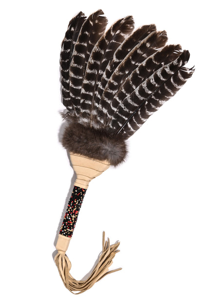 Sacred Prayer Feather Fan with Beaded Handle - Natural Barred Feather | si0572-Natural-Barred