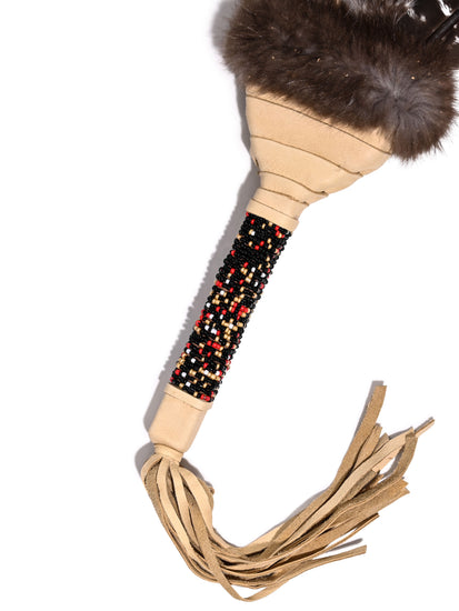 Sacred Prayer Feather Fan with Beaded Handle - Natural Barred Feather 1 | si0572-Natural-Barred