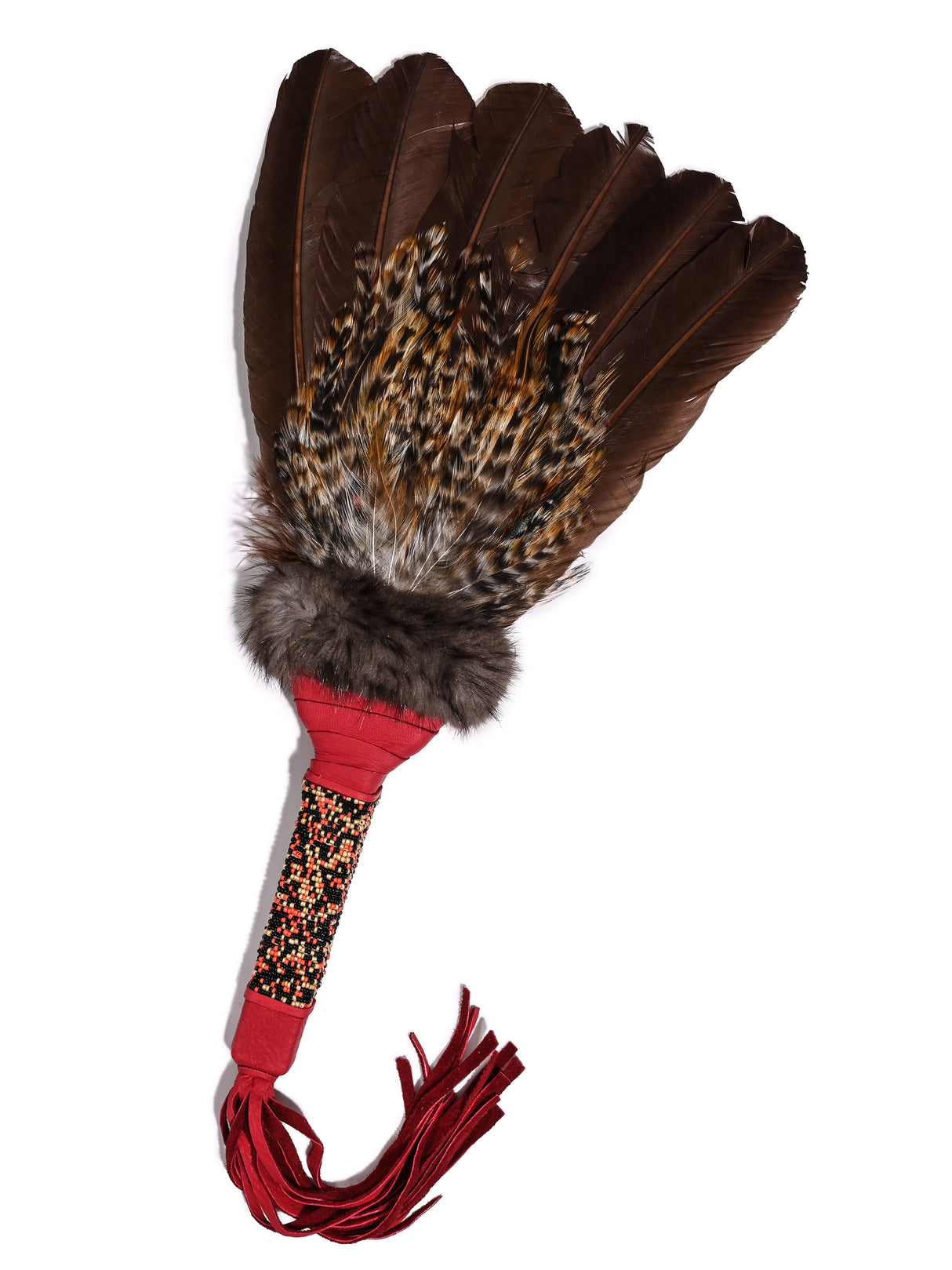 Sacred Prayer Feather Fan with Beaded Handle - Red Barred Feather | si0572-red