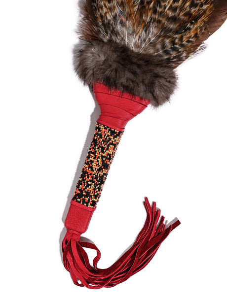 Sacred Prayer Feather Fan with Beaded Handle - Red Barred Feather 1 | si0572-red