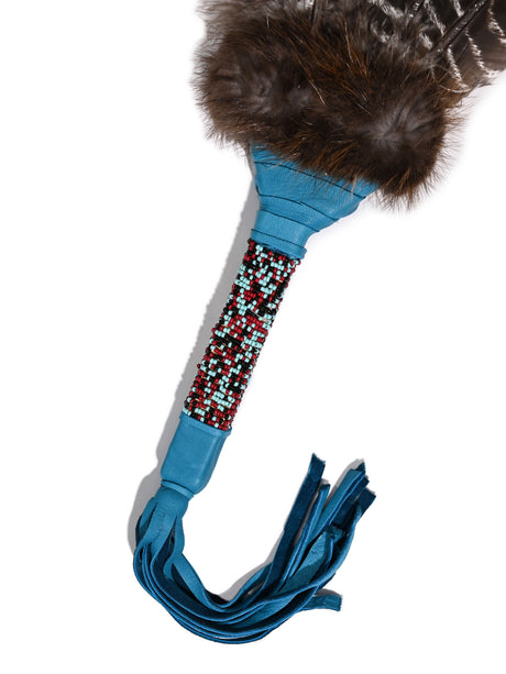 Sacred Prayer Feather Fan with Beaded Handle - Teal - Barred Feathers 1 | si0572-Teal-Barred-Feathers