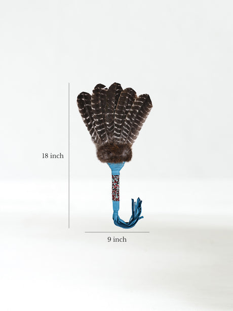 Sacred Prayer Feather Fan with Beaded Handle - Teal - Barred Feathers Dimension | si0572-Teal-Barred-Feathers