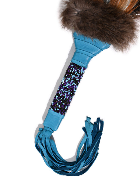 Sacred Prayer Feather Fan with Beaded Handle - Teal -Brown Feathers 1 | si0572-Teal-Brown-Feather
