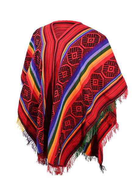 Peruvian Traditional Wool Blend Poncho - Red/Black/Rainbow 1 | txp0082