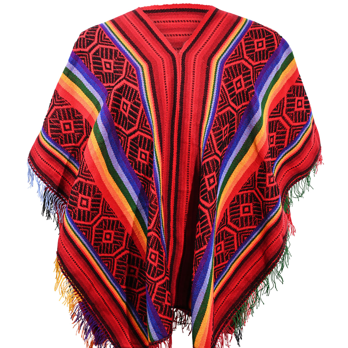 Peruvian Traditional Wool Blend Poncho - Red/Black/Rainbow - Shamans Market