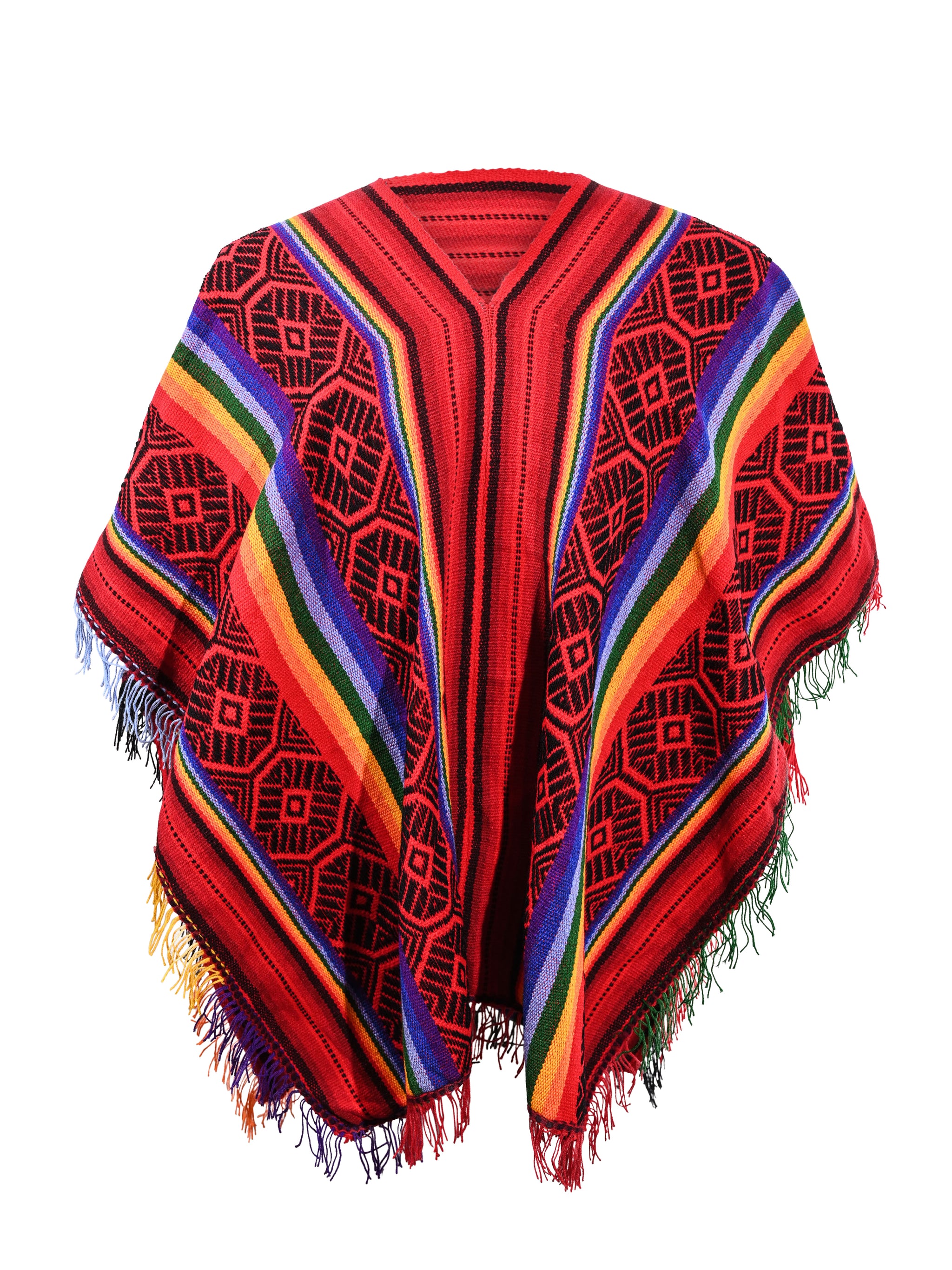 Shamans Market Traditional Wool Blend Poncho, One size, Red/Black/Rainbow