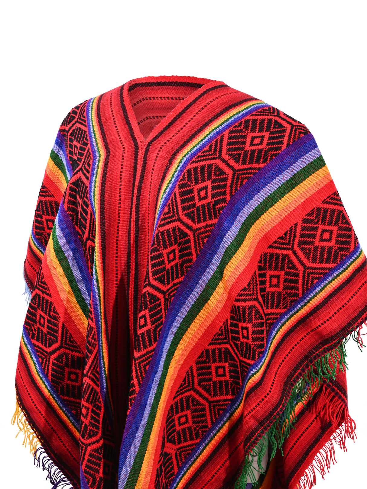 Peruvian Traditional Wool Blend Poncho - Red/Black/Rainbow 2 | txp0082