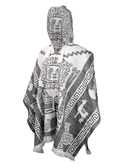 Hooded Artisan Andean Poncho - Puno | txp0105-White-Black