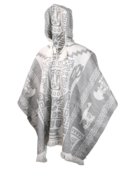 Hooded Artisan Andean Poncho - Puno | txp0105-White-Gray