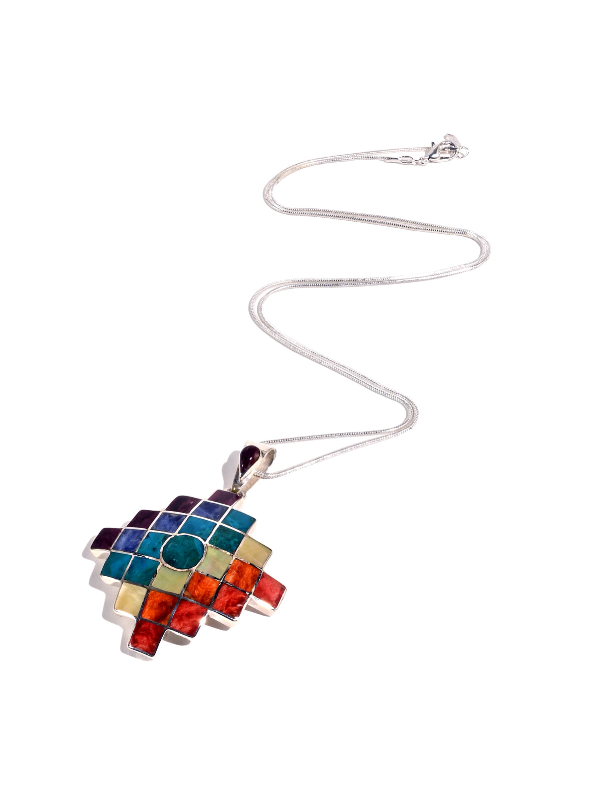 Peruvian Shell and Stone Inlay Chakana Pendant - 950 Sterling Silver