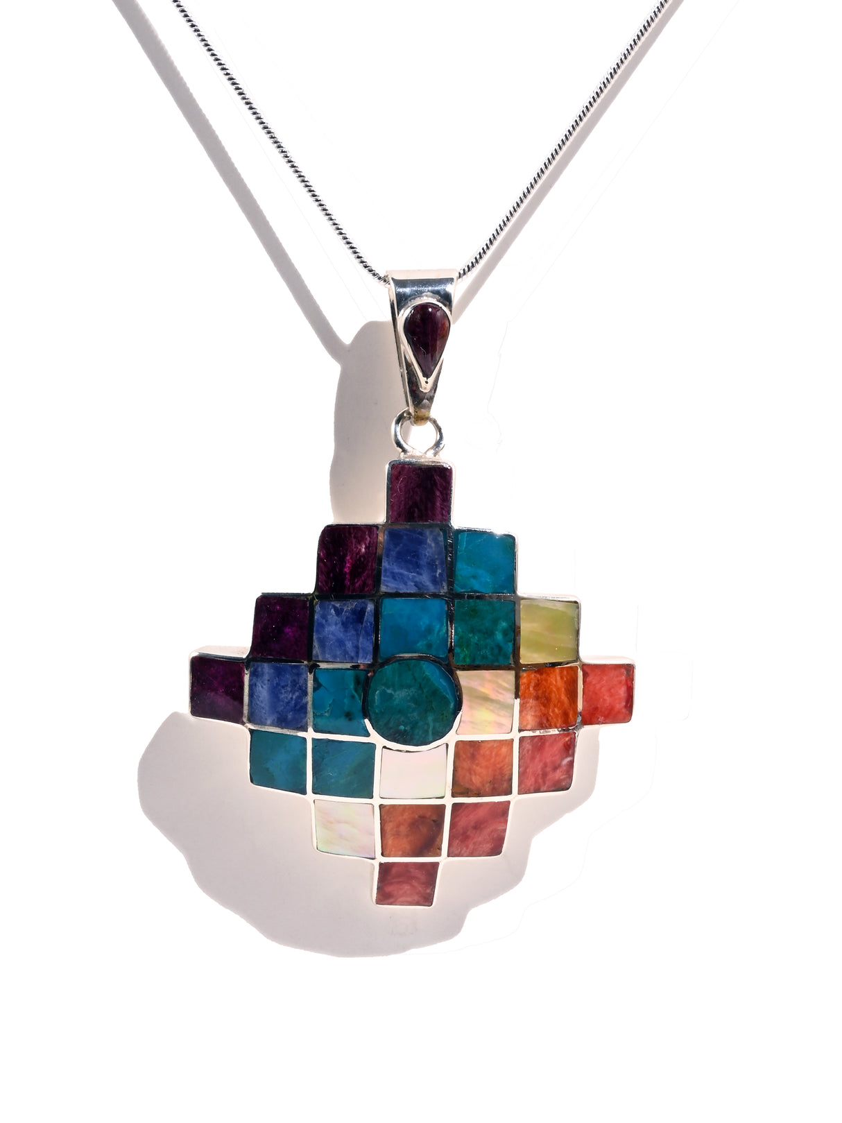 Peruvian Shell and Stone Inlay Chakana Pendant - 950 Sterling Silver