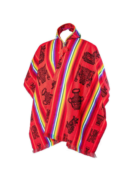 Alpaca Blend Ponchos Red Hooded Peruvian Poncho - Arco Iris