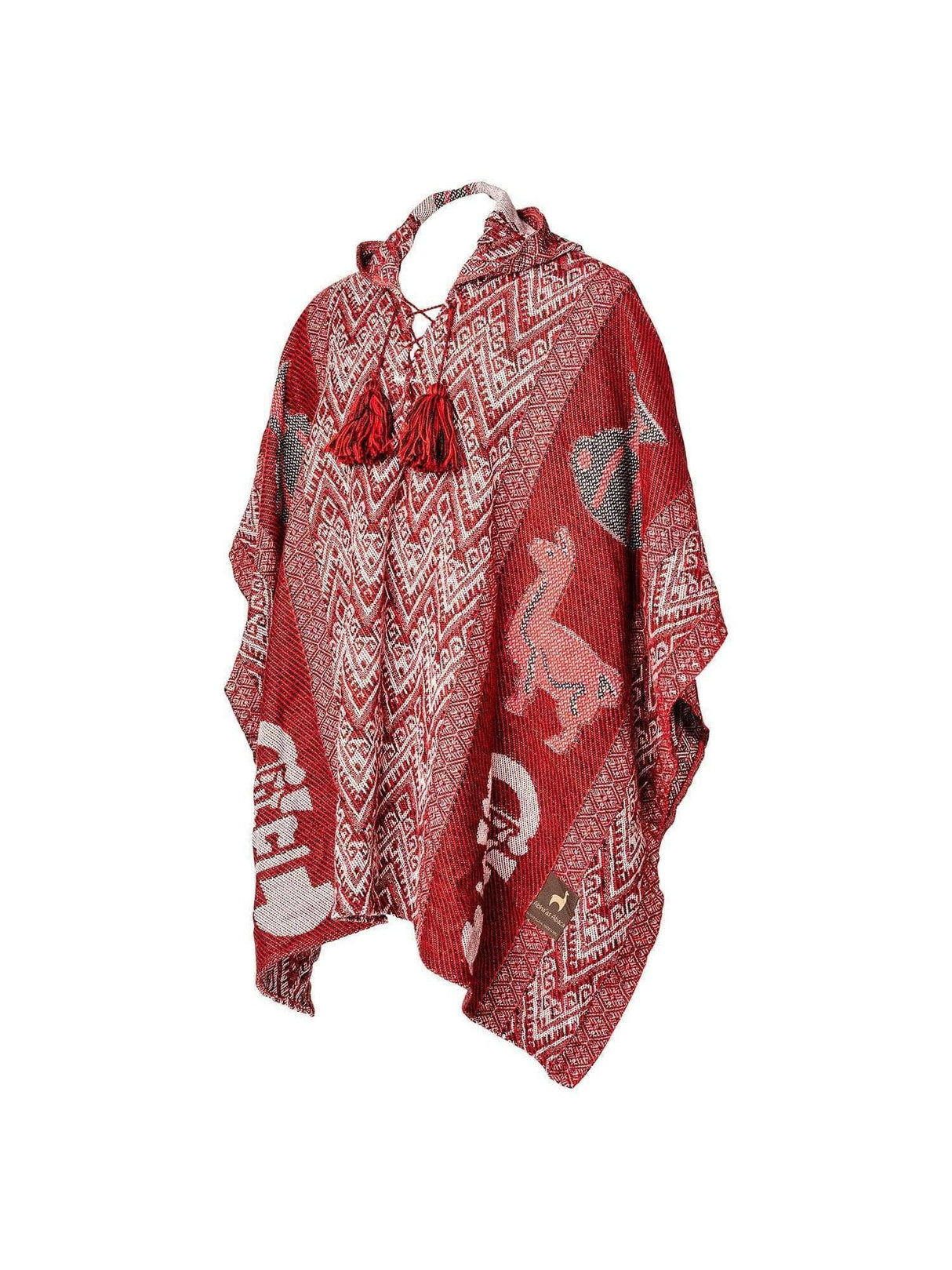 Alpaca Blend Ponchos Red Multi Hooded Peruvian Poncho - Urubamba
