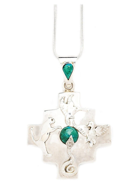 Chakana Necklaces Version Two Peruvian Sterling Silver Chakana Four Directions Pendant Necklace - Chrysocolla