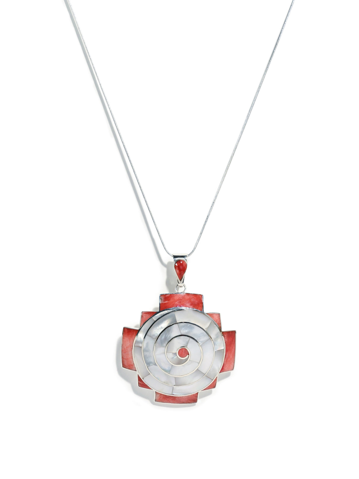Peruvian Chakana Spiral Shell Inlay Pendant Necklace - Sterling Silver