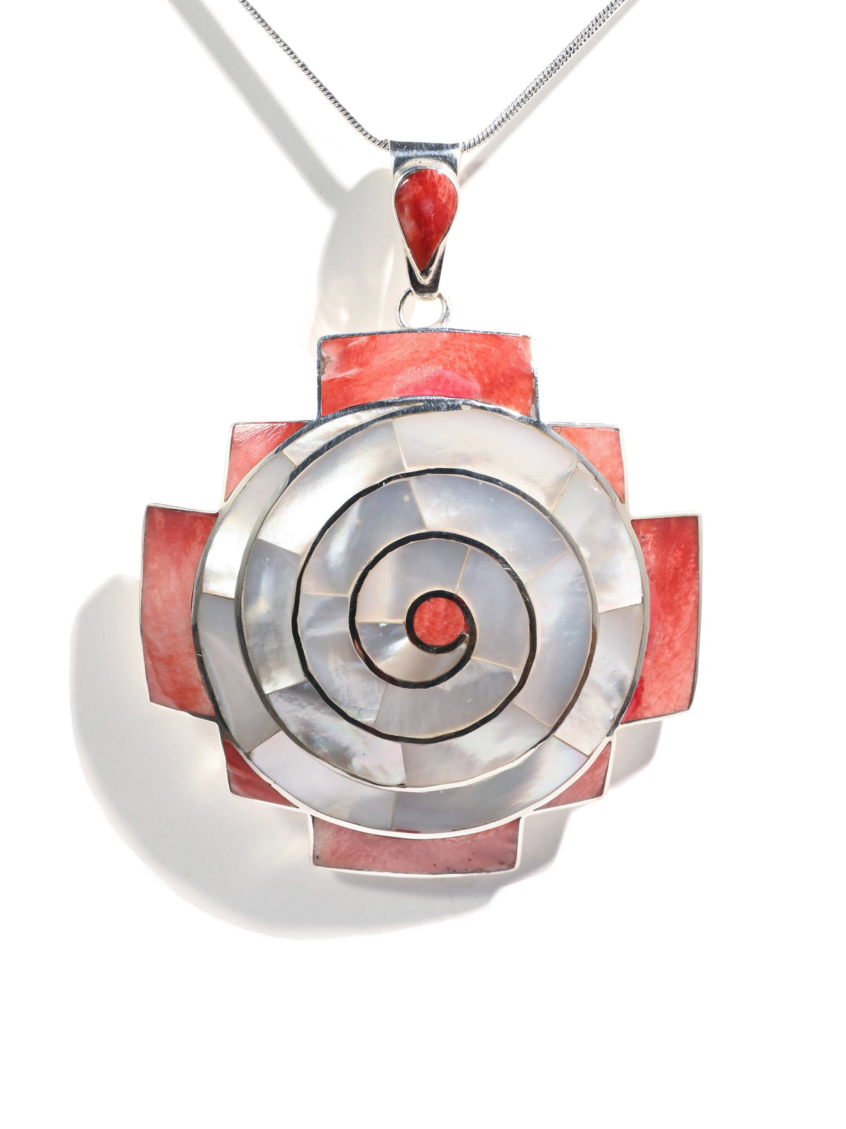 Peruvian Chakana Spiral Shell Inlay Pendant Necklace - Sterling Silver
