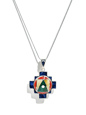 Four Directions Totem Peruvian Chakana Pendant Necklace, Reversible - 950 Sterling Silver