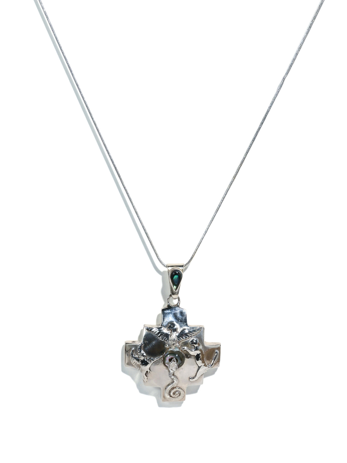 Peruvian Chakana Four Directions Totem & Abalone Pendant Necklace - Sterling Silver