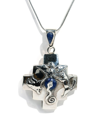 Peruvian Sterling Silver Chakana Four Directions Pendant Necklace - Sodalite