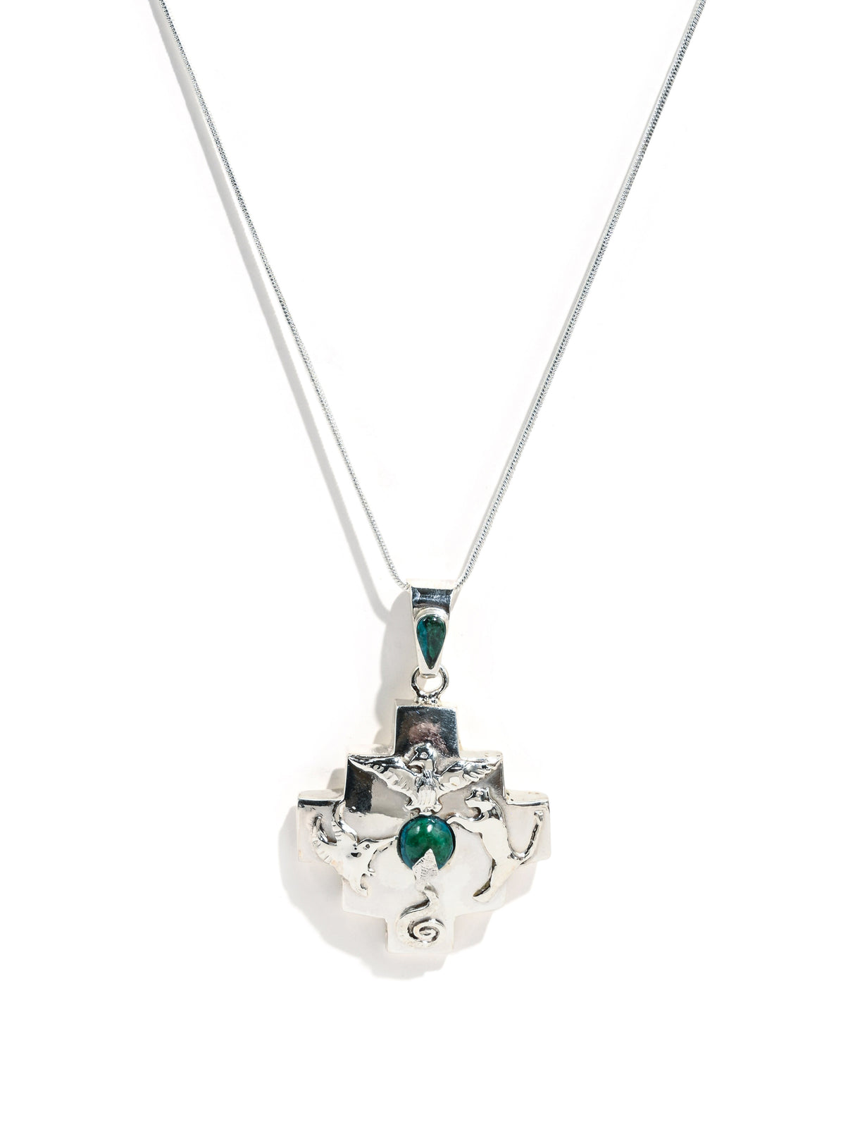 Peruvian Sterling Silver Chakana Four Directions Pendant Necklace - Chrysocolla