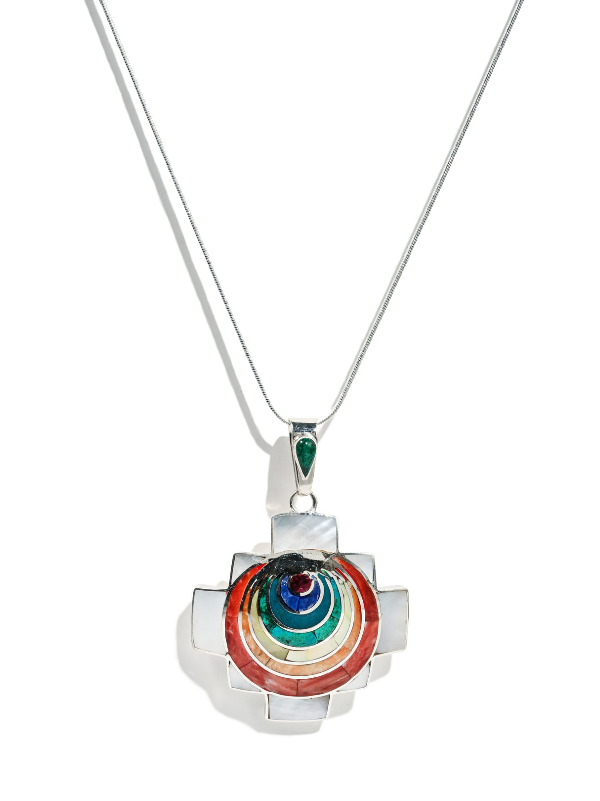 Sterling Silver Peruvian Shell and Stone Chakana Chakra Necklace