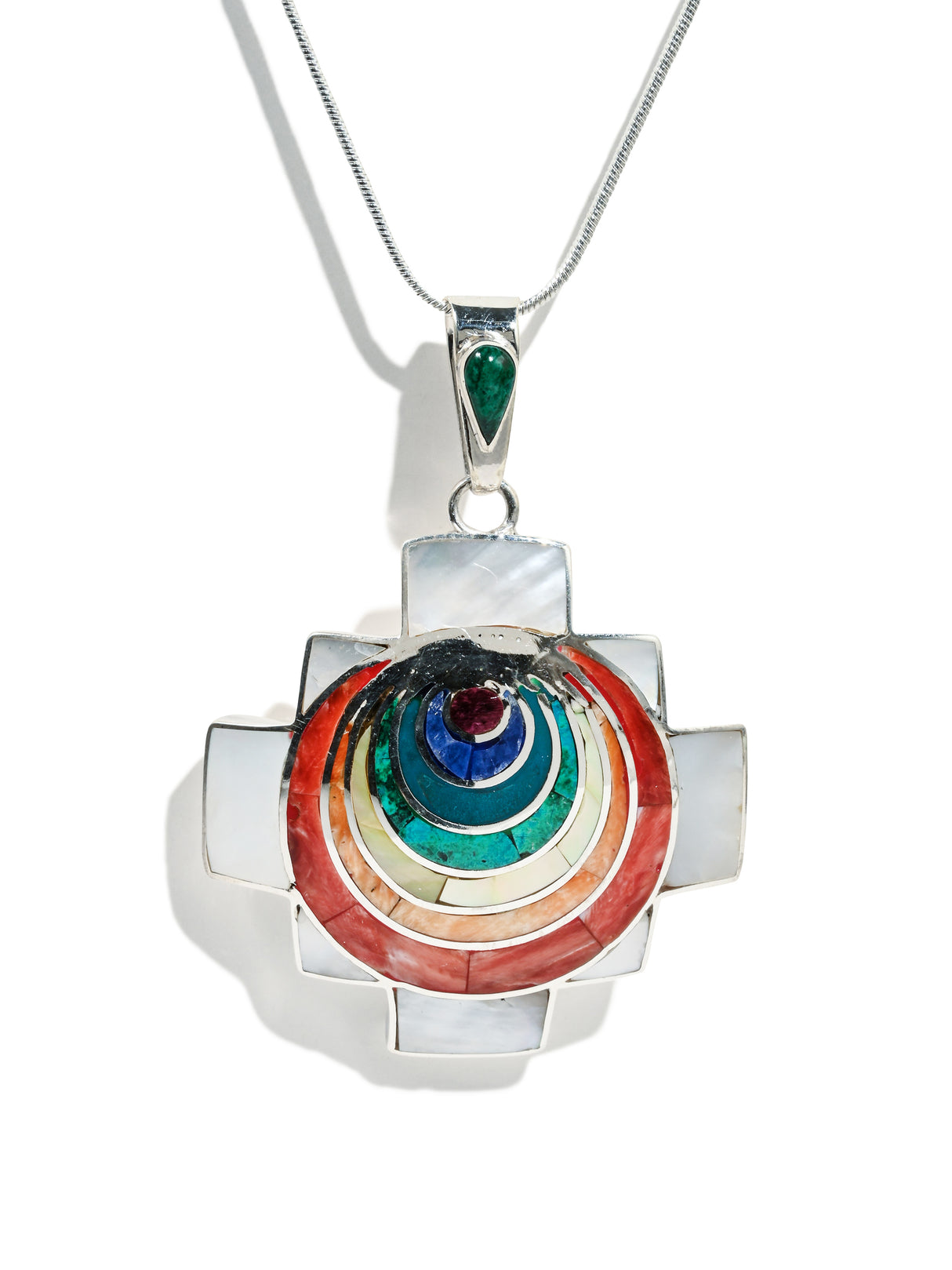 Sterling Silver Peruvian Shell and Stone Chakana Chakra Necklace