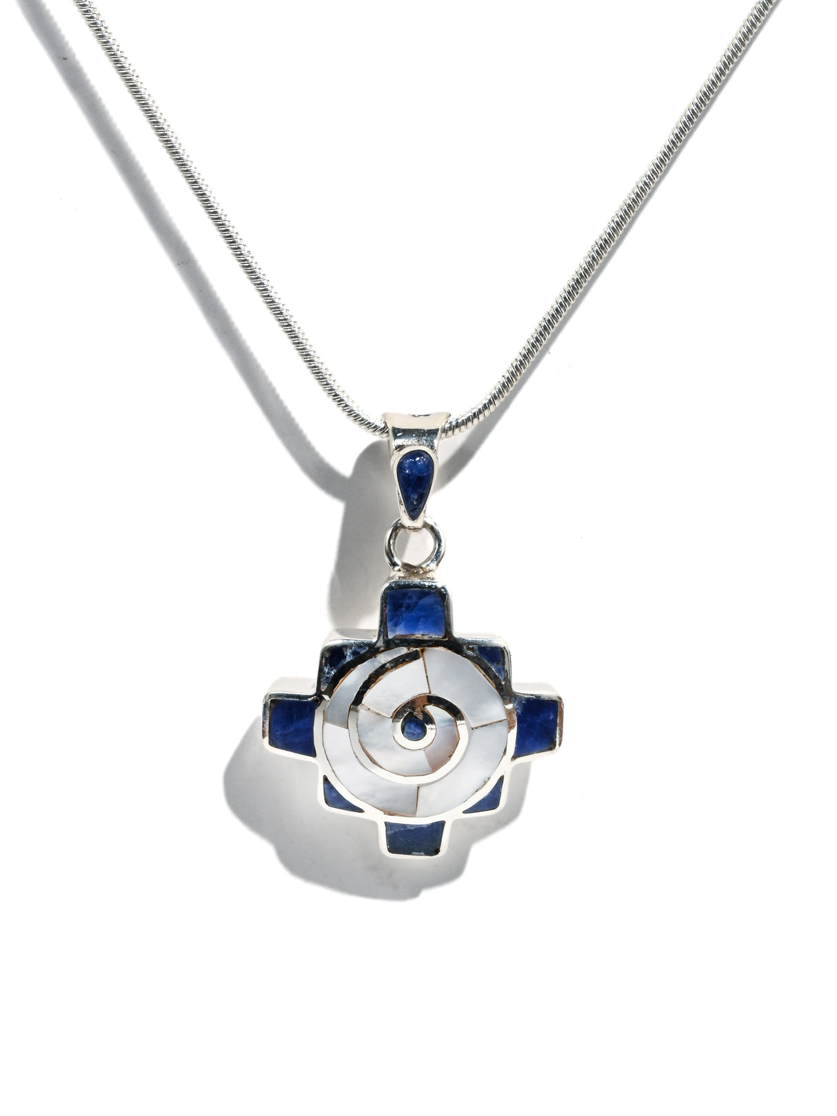 Peruvian Chakana Spiral Pendant Necklace - 950 Sterling Silver Shell Inlay