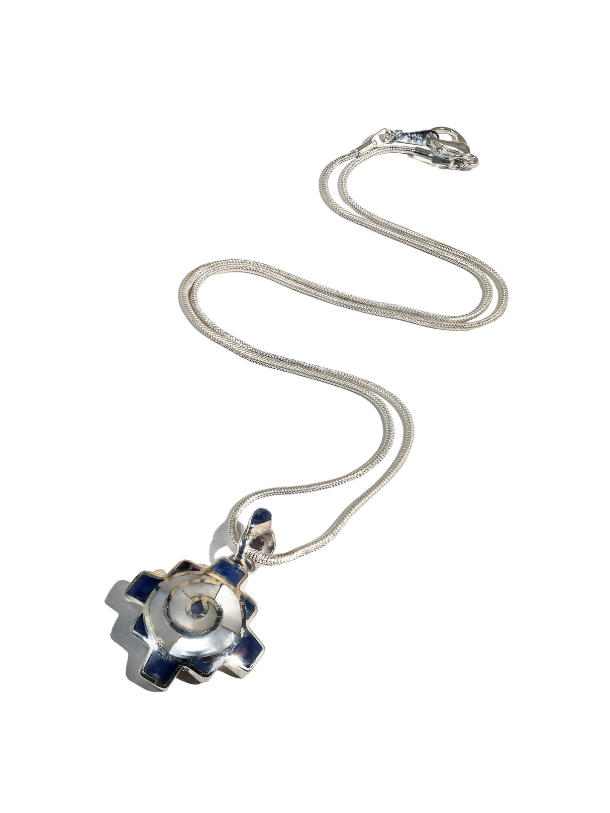 Peruvian Chakana Spiral Pendant Necklace - 950 Sterling Silver Shell Inlay